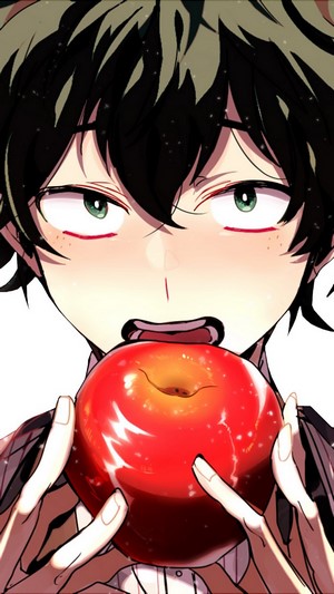 Izuku Midoriya from My Hero Academia eating an apple 4K