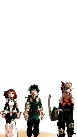 My Hero Academia characters Ochaco, Izuku, and Katsuki