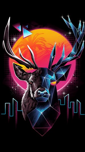 Abstract Geometric Deer with Neon Cityscape and Sunset