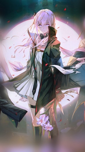 Anime girl from Girls Frontline holding flowers