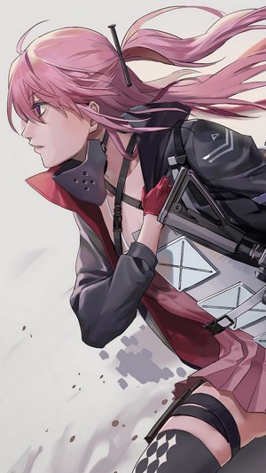 Anime girl with pink hair holding a rifle