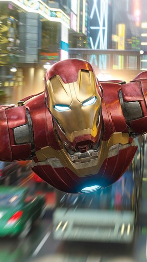 Iron Man flying over a city street