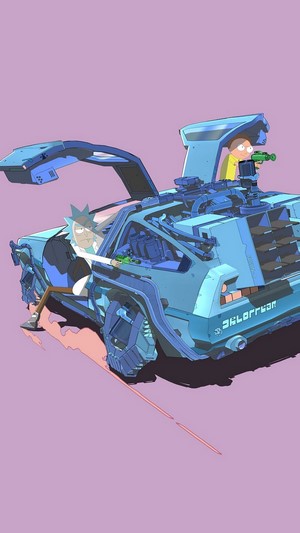 Rick and Morty in a DeLorean