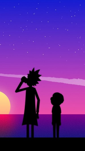 Rick and Morty silhouette at sunset 4K