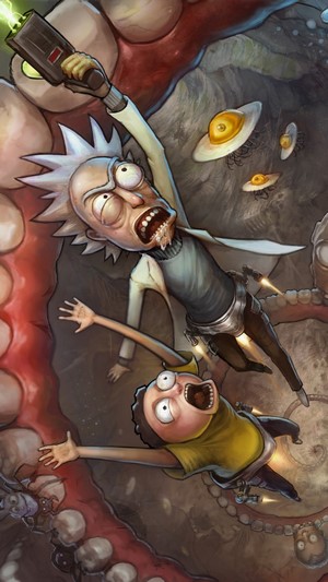 Rick and Morty fighting a giant creature