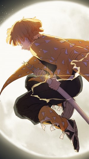 Zenitsu, Katana, Lightning, Full Moon, (Kimetsu no Yaiba), 4k