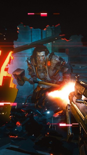 Sasquatch from Cyberpunk 2077 with a hammer