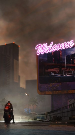Cyberpunk 2077 motorcycle rider at welcome sign