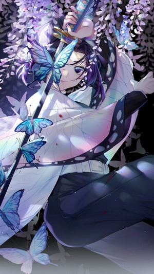 Shinobu Kocho, Katana, Butterflies, Kimetsu no Yaiba, 4k