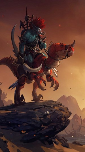 Voljin riding a raptor in World of Warcraft