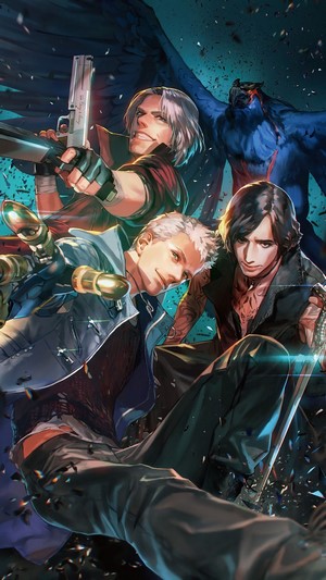 Devil May Cry 5 Dante, Nero, and V with a demon