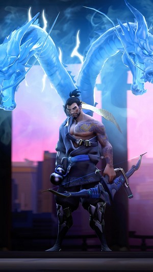 Hanzo from Overwatch with blue dragons