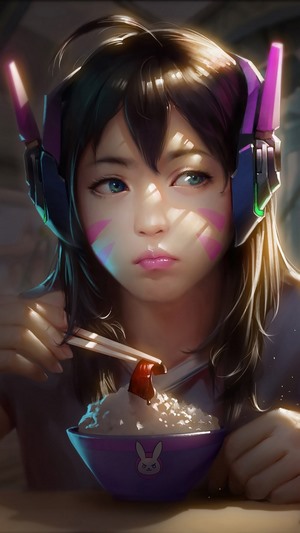 D.Va from Overwatch eating rice with chopsticks