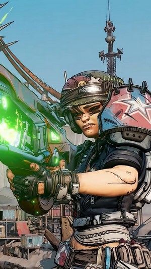 Moze from Borderlands 3 holding a weapon