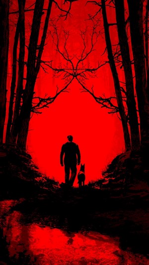 Man and dog in a red forest