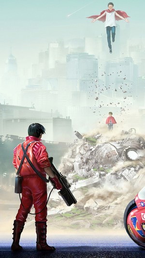 Shotaro Kaneda from Akira with flying boy and destroyed city