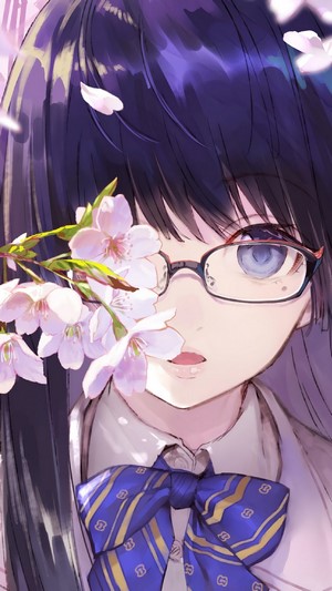 Anime, School Girl, Glasses, Cherry Blossom, 4k