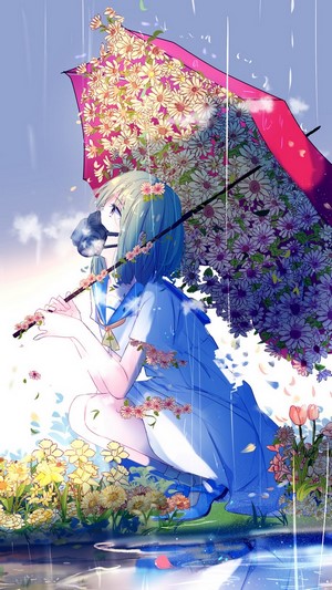 Anime girl with gas mask under flower umbrella in rain