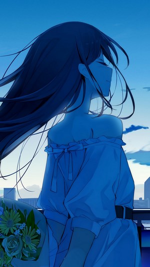 Anime girl with flowers at sunrise