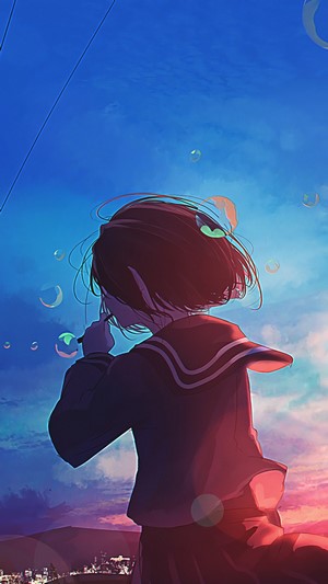 Anime girl blowing bubbles at sunset 4K
