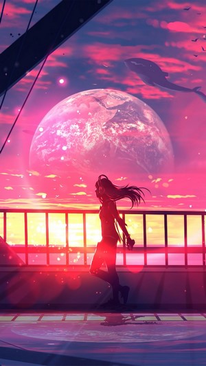 Anime girl with headphones at sunset with planet and whale