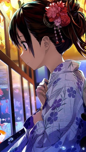 Anime girl in kimono looking at goldfish 4K