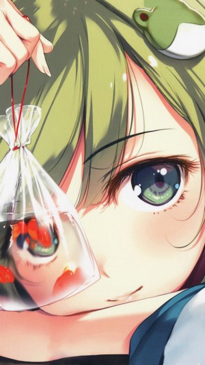 Anime Girl Holding Goldfish in Bag
