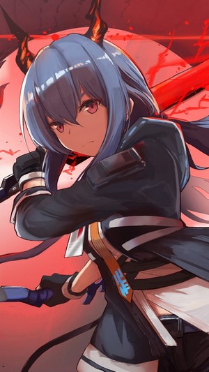 Anime girl with blue hair and horns holding a sword