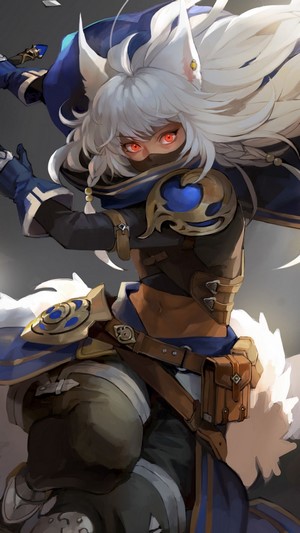 Anime fantasy warrior with white hair and red eyes