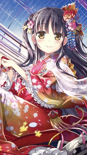 Anime Girl in a Red Kimono with Flowers