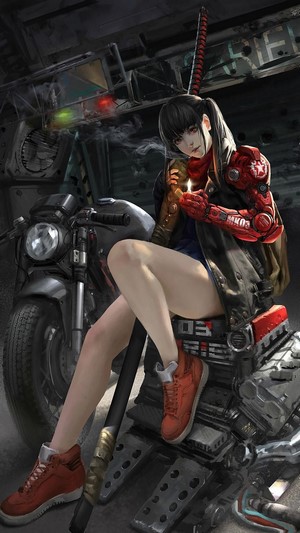 Cyberpunk, Girl, Smoking, Motrocycle, Katana, Sci-Fi, 4k