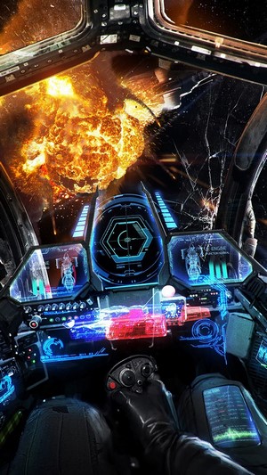 Spacecraft cockpit during an explosion