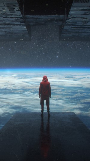 Sci-Fi scene with person overlooking Earth from space
