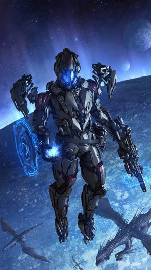 Sci-Fi Soldier with Dragons in Outer Space