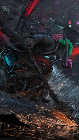 Cyberpunk character riding a motorcycle