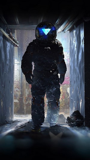 Astronaut in a graffiti-covered hallway