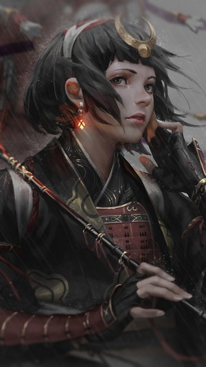 Samurai Girl with Flute in Rain 4K