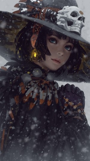 Fantasy girl witch with skull hat in snow