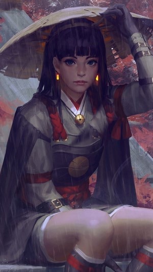 Fantasy girl in traditional Japanese attire under an umbrella in the rain