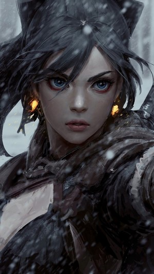 Fantasy girl with blue eyes in snow