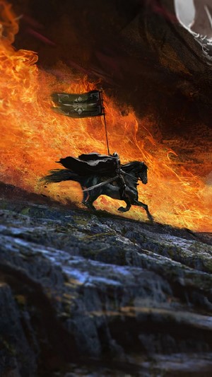 Knight on horseback with flag in flames