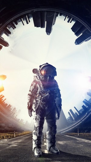 Astronaut on a road with a warped cityscape