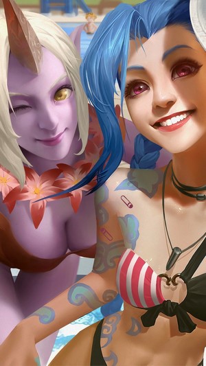 Jinx and Soraka from League of Legends Pool Party 4K