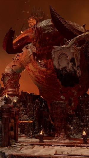 Doom Eternal: A colossal demon in a hellish landscape