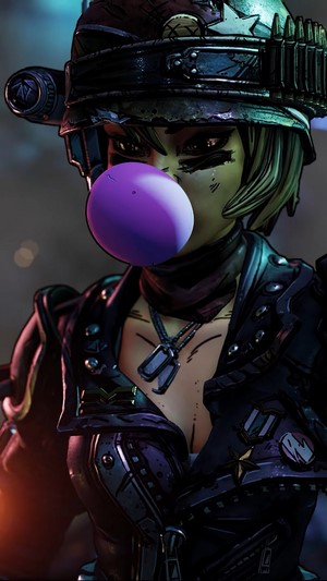 Moze from Borderlands 3 blowing a bubble
