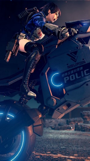 Akira Howard from Astral Chain on a police motorcycle