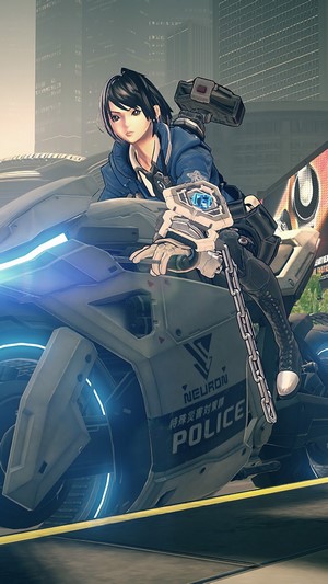 Akira Howard from Astral Chain on a motorcycle
