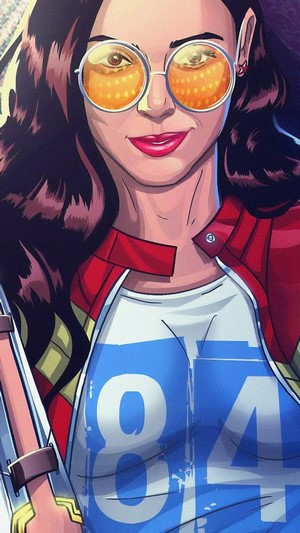 Woman wearing 1984 shirt and red jacket