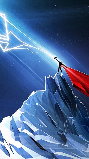 Thor from Marvel summoning lightning on a mountain