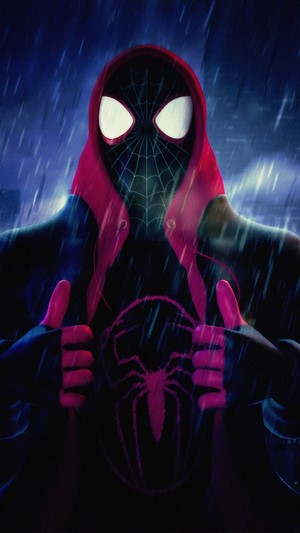 Miles Morales from Marvel's Spider-Man giving thumbs up in the rain